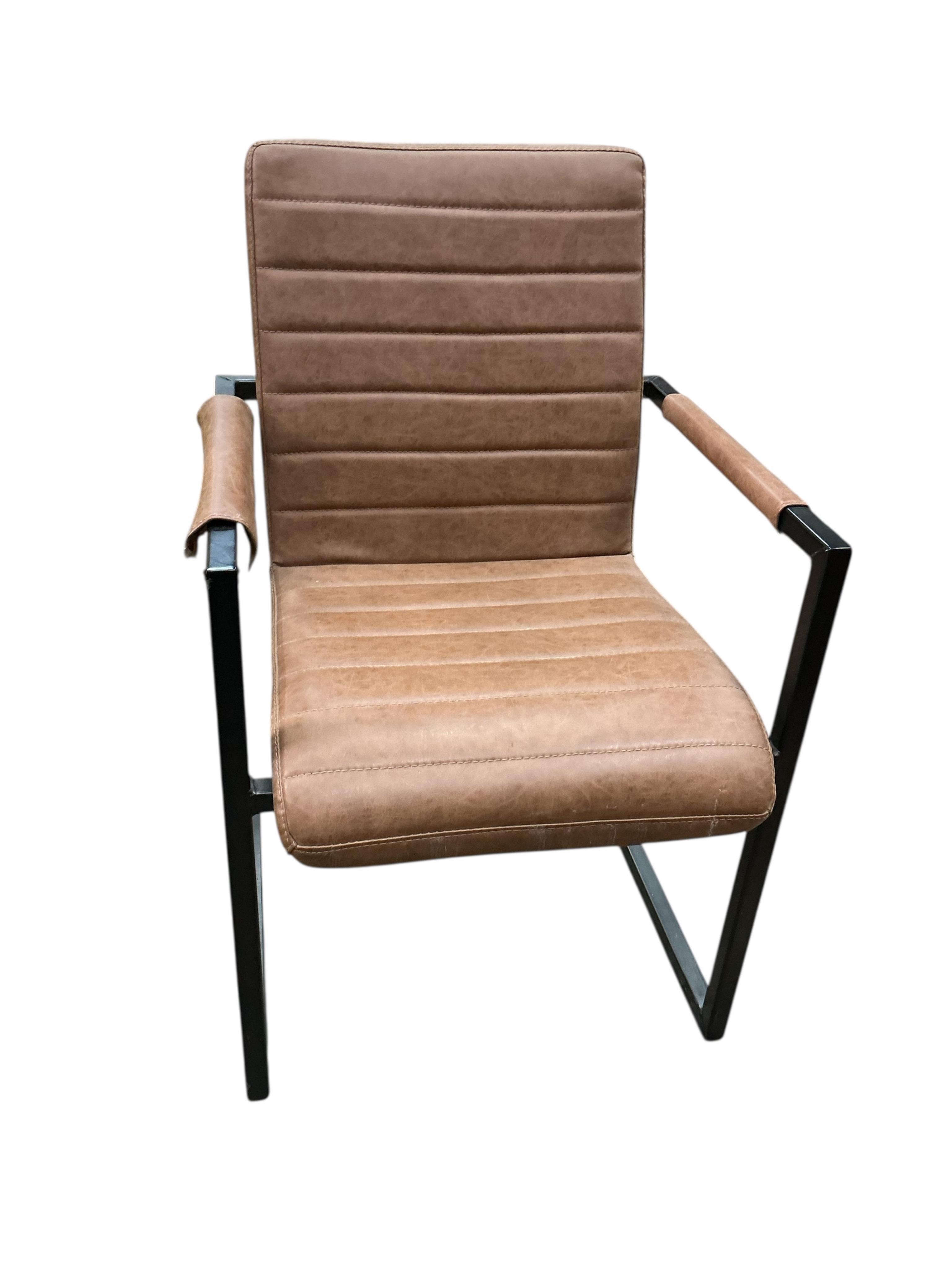 A set of four contemporary metal and reconstituted leather cantilever elbow chairs, width 55cm, depth 55cm, height 88cm